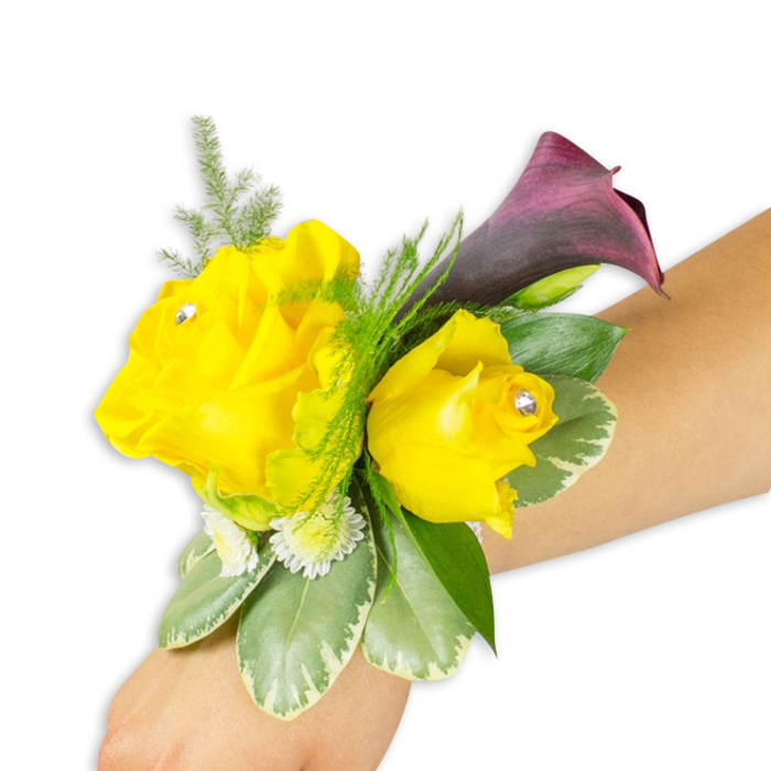 A compact, meticulously arranged wrist corsage rests on a light-to-medium forearm against a pure white studio field, the kind of detailed image that highlights both craft and colour. Dominating the design are two vivid yellow roses - the left blossom fully unfurled and generous, the right slightly smaller and more cupped - with each rose crowned by a discreet clear crystal set near its heart, throwing off tiny pinpoints of light. Behind and slightly above these sun-bright flowers, a single deep burgundy-to-plum calla lily unfurls in a smooth, trumpet shape, its dark, glossy surface creating a sophisticated foil to the warm yellow. The floral matrix is enriched with fine asparagus fern that gives an airy, filigreed texture, while broad variegated leaves with pale edges provide structural weight and cool, waxy contrast. Small, white spray flowers are tucked into hollows between leaves and petals, lending the corsage a fuller, garden-like silhouette.

Worn diagonally across the wrist from bottom-left to mid-right in the frame, the piece shows how mobility and comfort were considered in its fastening. The overall impression is bright, confident and poised - a celebratory accent suited to a Mill Hill wedding, a prom night departing from Mill Hill Broadway, or a special event near Mill Hill Park - with a soft floral scent and a tactile mix of satin petals, crisp foliage and delicate fern.