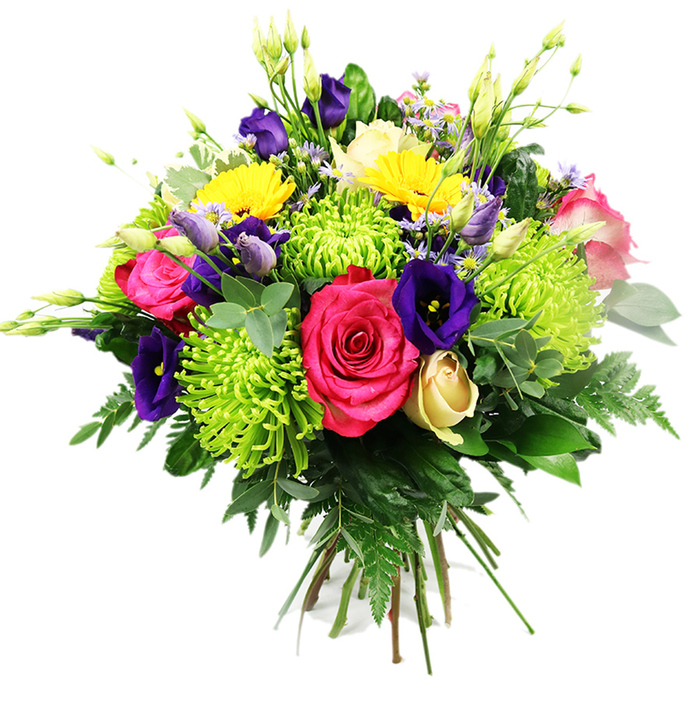 On a clean white backdrop, this vibrant, hand-tied bouquet looks like it has been composed to mirror the cheerful character of Mill Hill's tree-lined avenues. The design follows a classic, rounded dome shape, densely filled so that every angle reveals colour and interest. At the centre, hot pink roses command attention, their velvety petals layered in rich spirals that seem almost to glow. Threaded among them are lively lime green spider chrysanthemums, their numerous slender petals stretching and curling outward, forming bright, spiky spheres that inject an exciting, modern energy into the arrangement. Scattered in between, lemon-yellow gerbera daisies or similar daisy-like blooms add a clear, sunny note, their round faces and textured centres catching the light beautifully. Deep indigo and royal purple lisianthus flowers weave through the composition; some are fully open, displaying softly ruffled petals, while others remain as graceful buds, promising further colour as days pass. Near the base, a solitary creamy yellow rose bud, tightly closed, offers a soft, romantic whisper among the bolder tones. Smaller lavender, periwinkle, and pale pink accent flowers peek out between the larger stems, along with slender white buds that rise slightly above the main body of the bouquet, suggesting fresh garden growth. The foliage base is wonderfully varied: glossy dark green leaves, lighter eucalyptus-style sprigs with rounded leaves, and delicate fern fronds that gently spill outwards, giving the bouquet an organic, natural finish. The stems are neatly gathered and visible at the bottom, clearly marking this as a hand-tied design ready for a vase in a Mill Hill kitchen, hallway, or office. Crafted with the precision and flair of seasoned florists, this bouquet suits birthdays, anniversaries, thank-you gestures, and any moment that calls for an uplifting flourish of colour.
