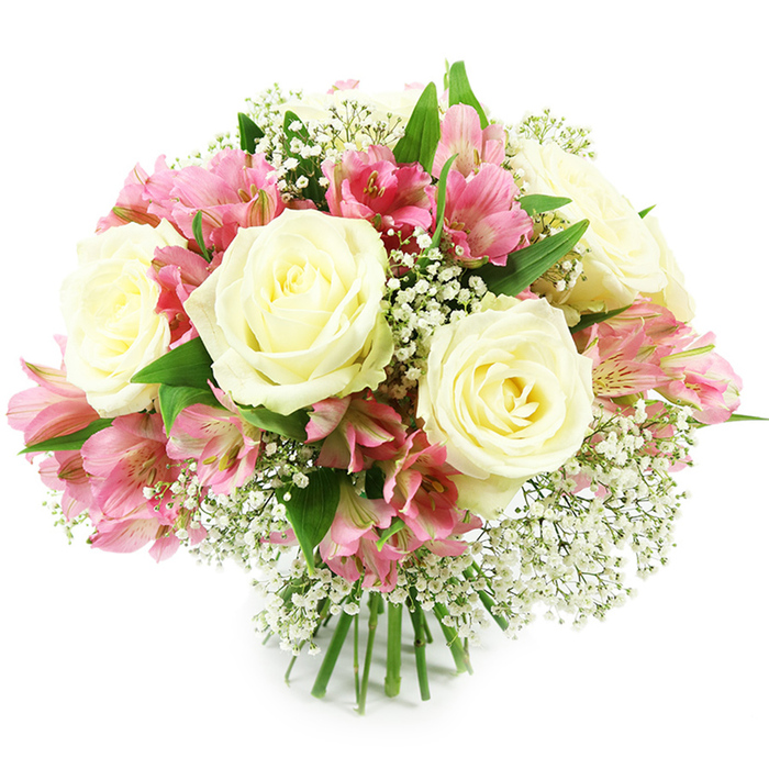 In the centre of a spotless white frame sits a hand-tied bouquet, its rounded silhouette made up of creamy white roses, vivid pink alstroemeria, and fine clouds of baby's breath. The roses dominate the composition, positioned evenly so that several full blooms are clearly visible from the front. Their petals form tight, layered spirals, unfolding in soft waves from a slightly deeper, pale yellow centre to outer edges that look almost porcelain in their creamy whiteness. Interspersed between these classic blooms, alstroemeria flowers introduce a playful contrast. Their trumpet-shaped petals, arranged in clusters of multiple blooms per stem, blend shades of soft pink and brighter fuchsia, some patterned with delicate darker stripes and speckles that draw the eye deeper into the bouquet. Threaded throughout, gypsophila appears as tiny white stars on fine stems, creating a misty, cloud-like effect that softens the transitions between the larger flowers and adds lightness to the arrangement. Framing everything, rich green foliage emerges here and there from beneath the blooms, bringing structure and suggesting the crisp scent of freshly cut stems. At the base, those stems are gathered closely together and cut to an even length, the hallmark of a professional hand-tied piece, ready to be placed in a favourite vase on a Mill Hill dining table with views across the leafy streets or the open skies near Mill Hill East. The lighting is bright and even, ensuring that each texture-from satiny rose petals to the tiny buds of baby's breath-is clearly defined. The overall impression is one of polished elegance and heartfelt sentiment, ideal for a birthday, anniversary, or any special moment you wish to mark with flowers in Mill Hill.