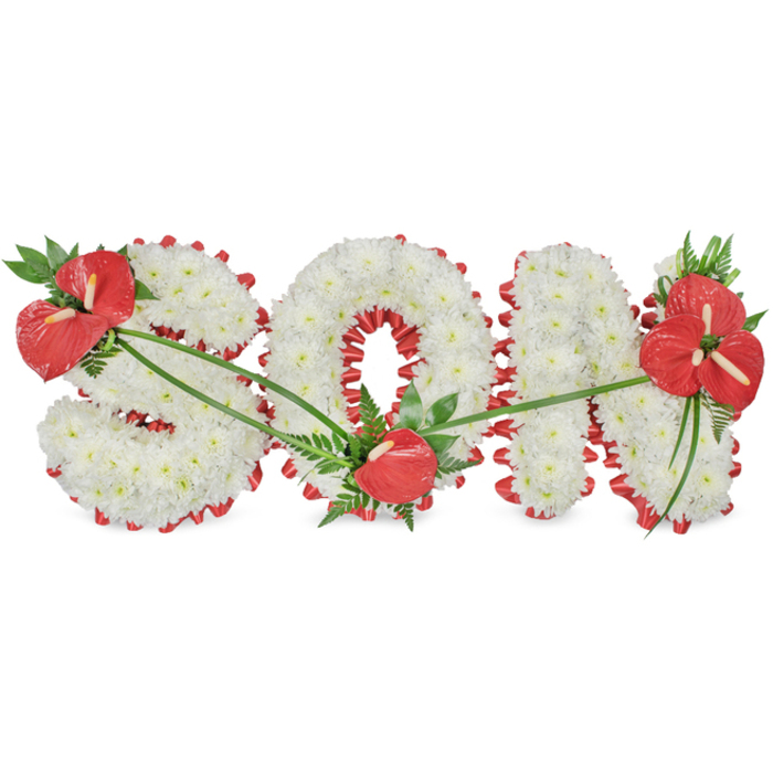 In this image, a personalised funeral flower arrangement spells the word SON in strong, uppercase letters, presented against a plain white background so that all attention is focused on the tribute itself. The foundation of each letter is a dense layer of white chrysanthemums, each small flower head placed so close to the next that they form an unbroken surface. This creates a thick, downy texture that looks gentle and cushioning, with subtle shadows between the petals adding depth and interest. The pure white colour of the blooms symbolises innocence, remembrance, and spiritual peace, which feels especially meaningful in the context of a son's farewell. Around the outer and inner contours of the 'S', 'O', and 'N', a deep red ribbon or fabric has been meticulously pleated into a scalloped border, following every curve and angle and sharply defining the shapes against the background. The ribbon's rich red tone introduces warmth and emotional intensity, complementing the flowers without overpowering them. Dramatic red anthuriums, easily recognised by their glossy, heart-shaped spathes and upright spadices, have been integrated into the design at three key points. A substantial cluster of anthuriums with lush dark green leaves and light, feathery foliage decorates the upper left of the 'S', while a single anthurium rests against the lower curve of the 'O' as if placed there with quiet intention. On the right side of the 'N', a larger, more elaborate cluster of several anthuriums, ferns, and broad greenery balances the composition and completes the word. Thin green stems and foliage trail gently across parts of the letters, linking the clusters visually, as though connecting memories across time. This SON tribute could have been carefully arranged by Flowers Mill Hill for a family gathering at a local church off Mill Hill Broadway or a quiet chapel along The Ridgeway, offering a beautifully composed, deeply personal way to say goodbye to a beloved son.