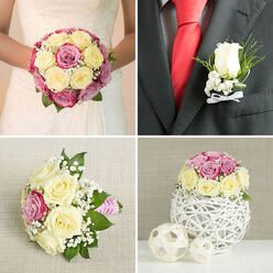This collage of four wedding florals feels like a love story unfolding in snapshots, the kind of styling often requested by couples marrying around Mill Hill Broadway or the leafy lanes near Mill Hill Park. In the top-left frame, a bride in an ivory dress with fine lace detailing holds a classic, rounded bouquet close to her midline. The arrangement is tight and luxurious, filled with cream and pale yellow roses interlaced with blush-pink and mauve-toned roses, their velvety petals cupping one another in gentle spirals. Clusters of white baby's breath and small glimmers of green foliage give the bouquet a soft halo, as though it is glowing against the smooth fabric of her gown. The top-right frame zooms in on the groom's boutonniere: a single, immaculate white rosebud is pinned neatly to a charcoal suit jacket, sitting against a bright red silk tie that adds a modern, confident edge. Fine sprays of white filler flowers and glossy greenery cradle the rose, while a petite white satin bow at the stem base hints at traditional romance. In the bottom-left frame, a bridesmaid's bouquet rests on an off-white, textured linen surface, evoking the calm of a dressing room before the ceremony. Cream and pale yellow roses nestle among richer pink blooms, surrounded by abundant white filler flowers and relaxed green leaves, their stems wrapped in a pink and white striped ribbon that feels youthful and bespoke. The bottom-right frame showcases a compact centerpiece: the same rose mix perched on a sculptural, white twig sphere, flanked by two smaller woven orbs on a clean white surface, suggesting the welcoming elegance of a Mill Hill reception table styled with understated, natural charm.