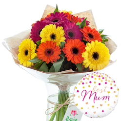 This image captures a joyful hand-tied bouquet of gerbera daisies and a coordinating balloon, styled against a pure white background that lets every detail stand out, much like a carefully arranged display in a Mill Hill florist window. The bouquet is full and rounded, showcasing roughly a dozen large gerbera blooms in vibrant shades of yellow, orange, and deep magenta. Each flower presents its familiar daisy form, with orderly rings of flat petals encircling a dark central disk that adds contrast and visual depth. Lush, dark green foliage threads between the blossoms, providing soft shadows and a cool counterpart to the warm colours. The stems are gathered into a neat hand-tie, wrapped in a rustic sheet of light brown kraft paper that adds a natural, market-style character reminiscent of local flower runs near Mill Hill Broadway. Encasing the paper is a clear, glossy cellophane wrap, catching reflections and lending a polished finish that suggests a bouquet ready to be carried along Bittacy Hill for a surprise visit. A slender piece of natural twine is tied around the stems in a simple bow, its unpretentious texture emphasizing the handcrafted feel. The bouquet rests upright in a tall, cylindrical glass vase filled with water, allowing the straight green stems to remain fully visible, aligned with a quiet precision. To the bottom right of the arrangement, a round white foil balloon floats lightly, decorated with an array of metallic gold spots and various shades of pink confetti dots and tiny heart shapes. At its centre, the message "best Mum" is written in soft pink cursive, clearly legible and lovingly framed by the pattern. The overall impression is one of warm appreciation and celebration, ideal for Mother's Day, birthdays, or any moment when someone in Mill Hill wishes to honour a mum with something bright and sincere.