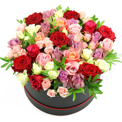 This image captures a sumptuous rose hatbox arrangement that feels perfectly at home in Mill Hill's blend of village charm and modern style. Set against a spotless white backdrop, a sleek, round black hatbox sits at the centre of the frame, its base highlighted by a subtle thin red trim that suggests a premium, gift-ready finish. Above it, the flowers swell into a generous, dome-shaped bouquet that completely overflows the container. Deep red and crimson roses draw the eye first, their velvety petals layered in intricate spirals that speak of classic romance and devotion. Interwoven with these are soft blush pink roses, vibrant fuchsia blooms, warm apricot and peach tones, and smooth, creamy whites that gently lift and balance the richer shades. Here and there, cool lavender and light purple roses appear, adding a contemporary twist reminiscent of the gentle twilight over Mill Hill Park. The florist has used a mix of large, fully open roses and smaller, tightly furled buds and spray roses, giving the arrangement a plush, textured look that feels both abundant and carefully curated. Slender sprays of greenery, likely eucalyptus or another fine-leaved foliage, tuck between the blossoms, adding fresh green highlights that emphasize the bouquet's garden-fresh feel. The even, bright lighting reveals every curve and ruffle of the petals, while the clean background keeps all attention on the flowers. This hatbox design exudes luxury, romance, and joy, making it an inspired choice for anniversaries, proposals, special birthday surprises, or to mark a meaningful reunion for someone living near Mill Hill Broadway, Ridgeway, or the quiet residential streets surrounding them.