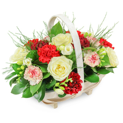 A softly rounded funeral flower basket sits quietly against a bright white background, its harmonious palette of red, white, and pink blooms arranged with the restraint and care that suit a final farewell. The light wooden basket, likely crafted from smooth pale slats, is oblong and slightly elevated on four small feet, giving it a neat, composed profile. A sturdy, curved handle in the same pale tone arches gently above, framing the flowers without overshadowing them. At the heart of the design, creamy white roses are fully open, their velvety petals forming classic rosettes that convey innocence, serenity, and respect. Around them cluster deep red carnations, their layered, ruffled petals adding depth and a velvety richness, a visual echo of the love and admiration that remain. Alongside these, paler pink carnations and soft bi-coloured blooms, with white bases and red or pink accents along the edges, offer warmth and a sense of tender memory. Threading between the larger flowers are small, white, bell-like blossoms reminiscent of freesias, with slender stems and buds that are just beginning to open, introducing lightness and a suggestion of continuity. The whole arrangement is cradled by lush greenery: broad, glossy leaves create a dense, supportive base, while wispy, fern-like fronds rise from the top and sides, giving the composition a gentle, airy flow. The flowers form a full dome that seems to gently overflow the basket, the overall effect both abundant and composed. Crafted in the spirit of Mill Hill's quiet residential streets and green spaces, this basket would suit a funeral service, a memorial gathering near Mill Hill Park, or a sympathy delivery to a family home around Mill Hill Broadway, offering a dignified, comforting floral tribute.