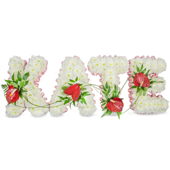An expertly constructed floral name tribute reads 'KATE' in bold capital letters, each letter formed from a dense, even mat of small white chrysanthemums that create a soft, pillow-like texture. The chrysanthemums' tight sprays create a serene, luminous surface that suggests purity and repose under soft chapel lighting. A frilled pale pink ribbon edges every letter, its gentle pleating and satiny finish providing a tender, feminine outline that softens the stark white and adds a handmade touch. Bright, glossy red anthuriums punctuate the white carpet at considered intervals; their heart-shaped spathes and prominent spadices act as warm emotional anchors, offering contrast and a vivid, consoling colour against the cool whites. Rich green foliage - glossy broad leaves, delicate ferns, and slender trailing vines - is artfully arranged within and between the letters, adding texture, shadow, and a natural rhythm that guides the eye across the name. The letters sit slightly apart on a crisp white field, each casting a subtle drop shadow that enhances their three-dimensional presence. As Flowers Mill Hill, serving the Mill Hill Broadway and surrounding NW7 neighbourhoods, we craft tributes like this for funerals and memorial services, honouring loved ones with considered materials and local care. Imagine the cool, faintly floral scent of chrysanthemums and the smooth, almost waxy feel of the anthurium petals - a composition that balances restraint, warmth, and respectful artistry for a deeply personal farewell.
