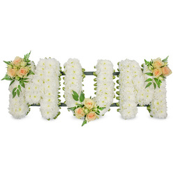 The image features a beautifully composed funeral flower arrangement that spells out MUM in large, tidy block letters, laid out across a bright white backdrop so each petal and leaf is visible. Every letter is built from a dense blanket of white spray chrysanthemums, with hundreds of tiny blooms nestled together to create a smooth, velvety surface that feels soft and gentle, like a floral cushion. The clean white of the flowers suggests purity, respect, and peace. At the edges, a dark green frame and ribbon discreetly trace the outline of the letters, adding structure and definition, and subtly contrasting with the pale blossoms. To bring warmth and personality to the tribute, three accents of roses in soft peach and blush pink shades have been thoughtfully arranged. One cluster rests on the upper left section of the first M, another sits neatly at the lower middle of the U, and a third adorns the upper right section of the last M. These rose groupings combine open blooms with smaller buds, surrounded by fern-like greenery and richer shaded leaves that add depth, movement, and a fresh, garden-inspired feel. The overall impression is one of tenderness and quiet dignity, perfectly suited to a funeral, cremation, or memorial service for a much-loved mother. It is the kind of tribute a family in Mill Hill might choose when they want their floral tribute to speak softly of gratitude, love, and treasured memories, as it rests near the front of a local chapel or crematorium during a final farewell.