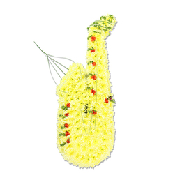Shown against a bright white background, this floral saxophone tribute looks almost like a real instrument transformed into flowers. The sculpted body is completely covered in small, lemon-yellow chrysanthemums, arranged so that their soft petals create a textured, velvety surface that hugs every curve of the saxophone from the flared bell at the base up to the gentle bend of the neck. These chrysanthemums merge into a solid ribbon of sunny colour, echoing the warm, uplifting character of a favourite tune. Dotted along this yellow expanse are petite red rosebuds set thoughtfully where the keys and finger plates would lie, their deeper shades adding visual rhythm and drawing the eye along the length of the piece. Fine strands of trailing green foliage run subtly along the edges and within certain contours, helping to define the outline and offering a fresh contrast that brings the design to life. Near the mouthpiece area, a few thin, upright wires or stems emerge delicately, quietly suggesting the underlying structure that ensures the tribute stands tall. The design carries a gentle sense of storytelling, ideal for a farewell to someone from Mill Hill whose life revolved around music, perhaps a saxophonist who once played at local schools, church gatherings, or pubs along Mill Hill Broadway. The sunny yellow flowers convey hope, treasured memories, and the brightness of a well-lived life, while the red accents echo the depth of the family's affection. Together, they create a moving, music-themed funeral arrangement that captures the essence of a loved one remembered through their sound and spirit.