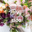 A close-up, hand-tied bouquet captured in soft morning light, its layers arranged like a garden memory. At the centre several large, velvety pink garden roses open fully, their ruffled petals folding inward like silk; around them sit pillowy peach and coral ranunculus with delicate, layered heads and tiny creamy white accent blooms that flash like little highlights. Deep plum-hued hellebores or similarly textured florets are tucked in to ground the palette, while almost-striped sweet peas in pale purple and white trail small, fragrant tendrils through the composition. Lush greenery - a mix of slender trailing vines, eucalyptus-like leaves and broader matte greens - cradles the flowers and gives the hand-tied posy a loose, garden-style silhouette. A faint blur of light-coloured clothing behind the bouquet and a pair of gentle hands holding the trimmed stems at the base suggest human care and immediate presentation. Superimposed centrally is a white rectangular overlay with an elegant script reading Florist Choice, a smaller uppercase CHOICE beneath it, and a bold ?100 in sans-serif at the bottom, all framed by a thin white square that floats above the blooms without hiding their texture. The arrangement carries subtle scents of rose and sweet pea and feels both romantic and effortless, a bespoke selection chosen by a florist at peak season. Read as a thoughtful luxury gift, it suits anniversaries, weddings or moments of thanks, offering the kind of seasonal freshness and artisanal touch you might expect from a local Mill Hill florist preparing flowers for delivery across nearby streets and parks.