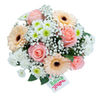 A compact, hand-tied bouquet rests against a clean white background, its dense cluster of blooms inviting you to imagine touch and scent. At the heart of the arrangement sit fully opened blush-pink roses, their velvety petals spiralling outward with classic, romantic curves. Surrounding those roses are pale apricot and cream gerbera daisies, their broad faces brightened by the deep, almost espresso-coloured centres that give the composition a subtle rustic edge. Small white spray chrysanthemums and tiny pom-pom mums populate the gaps, some crowned with fresh lime-green centres that lift the soft pastels with a lively accent. A mist of gypsophila threads through the bouquet like fine lace, giving the whole piece an airy, cloud-like softness that contrasts with the richer rose and gerbera textures. Dark green foliage - the glossy, rounded leaves you might expect from salal or the muted blue-green of eucalyptus - peeks between stems, framing the flowers and adding depth. In the lower-right corner a small rectangular white gift tag is tucked into the stems; a handwritten-style message reads Happy Flowers, the word Happy in a verdant green and Flowers in bright pink, suggesting a cheerful greeting or brand detail. Soft, natural lighting brings out the subtle sheen on petals and the delicate shadows between layers, evoking a fresh-spring-morning mood. As a locally-crafted design that would travel well for local delivery across Mill Hill or for pickup from a nearby shop, this bouquet reads as thoughtful and versatile: suitable for birthdays, anniversaries, thank-you gestures or simply to brighten a neighbour's day with an expert florist's calm, considered touch.