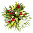 Arranged and photographed from a top-down perspective against a plain white background, this dignified bouquet conveys quiet respect and gentle consolation. At its centre are about twelve deep red roses, their velvety petals softly layered and some partially open, bringing a measured depth of colour that signifies love and remembrance. Interspersed are numerous white lilies - many appearing as pale yellow-green, tapered buds that suggest restraint and the promise of unfolding, with one immaculate lily opened fully near the bottom right, its trumpet-shaped petals pure and serene around delicate yellow stamens. The flowers are cradled by an abundant variety of greenery: broad, dark green leaves provide a structured base, long palm-like fronds lend a soft, feathered silhouette, and clusters of silvery eucalyptus or similar foliage add textural contrast and a cooling, muted tone. The even daylight used for the image highlights subtle surface details - the velvet of rose petals, the smooth resilience of lily buds, and the powdery bloom on eucalyptus - while the white backdrop allows the composition to read as both contemporary and respectfully traditional. The overall impression is one of composed elegance and heartfelt sympathy; this arrangement would be appropriate as a memorial tribute or to accompany condolences at a service in Mill Hill, perhaps delivered to local chapels or family homes near Mill Hill Park. It is crafted to offer comfort and dignity, expressing care in a visual language that honours memory and support.