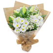 Against a clean white backdrop, this upright bouquet reads as a quiet poem in white and green: a generous halo of bright white, daisy-like chrysanthemums with sunny yellow centers forms the cheerful heart, their many slim petals fanning outward in a classic, familiar pattern. Threaded among those chrysanthemums are several elongated lily buds in a soft green-yellow-some with faint stripes-still closed and promising a later, graceful opening; their smooth, tapered forms add a poised, anticipatory line to the composition. Fine sprays of baby's breath (gypsophila) float like tiny clouds through the arrangement, lending an airy, lace-like texture that softens the denser blooms. Deep, glossy green foliage anchors the bouquet, the leaves' rich tones setting off the whites and making the flowers read as pure and bright. The stems are hand-gathered, wrapped first in crinkled brown kraft paper for an earthy, market-style feel, then protected by a clear, glossy cellophane outer layer that lets the flowers' freshness show through while giving a neat, polished finish; the base is gathered and tied so the bunch stands easily for presentation or hand delivery. In soft morning light the bouquet suggests the scent of clean linen with a hint of fresh-cut grass after rain, and its overall mood is one of calm sincerity-suitable for birthdays, thank-you gestures, new beginnings, or as a sympathetic, comforting presence. As a Mill Hill florist might explain at The Broadway or near Mill Hill Park, this arrangement balances simplicity and care, crafted to express quiet affection when words feel insufficient.