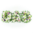 The scene shows a heartfelt funeral flower tribute spelling out DAD in three large, free-standing floral letters. Arranged side by side in a neat horizontal line, the letters sit against a bright white background that makes their outlines and textures stand out with clarity. Each letter is completely covered in fresh white flowers-the majority being rounded chrysanthemums and daisy-like heads-packed closely together so that they form a lush, continuous blanket of petals. The surface appears soft and cushion-like, with subtle variations in petal size and centre colour giving the arrangement a natural, hand-crafted feel. Around the edge of each D and along the lines of the A, an elegant border of greenery-fine fern fronds and rich green leaves-traces the shapes and provides a vivid contrast to the white blooms. Interspersed among the flowers are thoughtfully placed accents in shades of purple: deeper royal and violet tones reminiscent of small pansies or spray chrysanthemums, as well as softer lavender and mauve roses and frilled carnations that introduce a gentle, comforting note. The overall palette of white, green, and purple feels both calm and dignified, suitable for a final farewell. The lighting is bright and even, much like natural daylight in a quiet chapel off Mill Hill Broadway, ensuring that every petal and leaf is clearly visible without harsh shadows. This is the kind of personalised floral lettering families in Mill Hill might choose when arranging sympathy flowers for a father, whether displayed at the front of a church service, placed beside the coffin at a crematorium, or laid afterwards at a graveside as a lasting tribute of love and remembrance.
