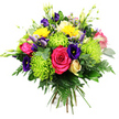 This richly coloured, hand-tied bouquet is photographed against a simple white background, its dense, rounded form brimming with colour and texture like a miniature garden arranged for a home near Mill Hill East station. At the focal point, a large hot pink or fuchsia rose is fully opened, its many velvety petals unfurling in smooth layers that suggest luxury and warmth. Surrounding it are several clusters of lime green spider chrysanthemums, instantly recognisable by their delicate, elongated petals that radiate outward in whimsical, spiky formations, adding a lively and contemporary feel. Sprinkled throughout are bright yellow button chrysanthemums or similar cheerful yellow flowers, their compact, rounded heads delivering small bursts of sunshine that echo the happiness of a weekend stroll through Mill Hill Park. Deep indigo and violet lisianthus are interspersed between the brighter elements, with soft, ruffled petals that introduce a rich, jewel-toned depth and a touch of refinement. Rising gracefully above the main cluster, creamy white or pale yellow freesia blooms appear along slender, arching stems, their bell-shaped flowers evoking gentle fragrance and airy lightness. You can also spot hints of smaller, pale pink or peach roses or spray roses tucked gently into the mix, bridging the gap between bold and pastel tones. The bouquet is wrapped in abundant greenery: slender fern fronds, smooth dark green leaves, and other foliage that forms a lush, layered base and gives the arrangement a natural, flowing outline. Neatly gathered stems at the bottom reveal the hand-tied craftsmanship, ideal for placing straight into a vase on a Mill Hill dining table. The overall impression is celebratory, fresh, and thoughtfully composed, perfect for birthdays, thank-you gifts, or simply brightening a local home or office with an uplifting splash of colour.