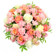 A lush, rounded bouquet of pastel roses and spray carnations rests against a pristine white background, creating a sense of calm, luminous beauty. The flowers are packed closely together, forming a low, spherical dome that almost hides the container beneath, as if the blossoms themselves are effortlessly holding their shape. Large roses in peach, coral, and soft salmon pink open fully, their layered petals spiralling outward with velvety smoothness, while creamy white and very pale yellow roses are interspersed among them, lending brightness and a gentle, sunlit quality akin to a clear day over Mill Hill Village. Nestled between the larger blooms, small pink spray carnations cluster densely, each tiny blossom frilled and textured, adding a lace-like softness that ripples across the surface of the arrangement. Fine stems of green foliage, with small, pointed leaves, appear sparingly among the flowers, introducing light touches of fresh green that keep the pastel hues from becoming too uniform and evoke the tranquil greenery around Mill Hill Park and Arrandene. The lighting is bright and even, revealing delicate colour gradations from deeper peach centres to paler edges, and emphasising the crisp freshness of every bloom. The bouquet feels both tender and joyful, the kind of floral design you might choose to celebrate a quiet anniversary at home, send encouragement to a friend recuperating nearby, or welcome guests to a family gathering in Mill Hill. Its visual softness suggests a subtle, powdery fragrance with hints of rose and carnation spice, wrapping the senses in a feeling of warmth, care, and gentle optimism.