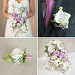 A four-panel wedding collage unfolds like a visual love letter, each frame highlighting carefully crafted flowers that could easily grace a Mill Hill ceremony or reception overlooking Arrandene Open Space. In the top-left panel, the bride is shown from the neckline down in a strapless white gown, holding a lavish cascading bouquet. White phalaenopsis orchids arc outward and downward, their satin-like petals glowing against the dress, surrounded by blush pink and soft lavender roses. Wisps of lilac filler flowers and trailing greenery weave through the design, giving the bouquet movement and a sense of gentle romance. The top-right panel offers an intimate view of the groom's boutonnière pinned to a dark grey lapel. One flawless white orchid blossom sits at the center, framed by clusters of tiny lavender blooms and crisp green foliage, the whole piece tied with a slim purple ribbon that harmonises quietly with his magenta tie. In the bottom-left panel, a single boutonnière has been placed on a light beige, textured fabric surface, allowing the details to shine. A white phalaenopsis orchid bud is paired with soft white baby's breath and a touch of greenery, secured with a bright pink ribbon that adds a cheerful accent, ideal for a groom or groomsman. The bottom-right panel reveals a lush cascading arrangement in a detailed white woven vase, echoing the bridal bouquet's style. White orchids, pink and lavender roses, airy purple fillers, and baby's breath spill gracefully over the rim, with three white woven decorative spheres arranged beside it on a white surface, creating a serene, coordinated centerpiece that feels both modern and timeless for Mill Hill celebrations.
