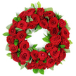 From the heart of Flowers Mill Hill in Mill Hill, this circular wreath is a quiet tribute crafted with intention. A continuous ring of dozens of deep red roses forms a dense, velvet-bright crown, each bloom in varying stages from tightly closed buds to fully opened, revealing intricate folds and velvet textures. The crimson petals catch soft light and show subtle depth, while tiny gleams highlight the edges like ribbons of satin. Interspersed among the roses are sprigs of fresh green foliage-eucalyptus-like broad leaves with a matte finish and slender, glossy ruscus-that bring a cool, natural contrast to the fire of red. The arrangement sits against a pure white backdrop that makes the colours sing and underscores its purpose as a memorial or condolence tribute. The circle is flawless, an emblem of continuity and remembrance, full-bodied yet refined, suggesting both dignity and comforting abundance. This piece is crafted for those in the Mill Hill community seeking a heartfelt expression at funerals, memorials, anniversaries, or other solemn occasions. It is designed to be delivered with care-available for same-day delivery across Mill Hill and nearby neighbourhoods-and to stand as a respectful, enduring symbol of love, memory, and connection that endures beyond time.
