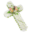This image shows a softly radiant funeral flower cross, designed with care and restraint, photographed against a clear white background for maximum clarity and calm. The entire cross is blanketed in small white chrysanthemums placed closely together, forming a continuous, textured layer that looks plush and comforting, like a white quilt of remembrance laid out in floral form. Tracing the outline of the cross is a fine border of fresh green foliage, following every curve and corner to give a defined silhouette, reminiscent of the well-kept green spaces around Mill Hill Park and the tree-framed streets leading down to Mill Hill Broadway. In the centre, where the arms of the cross meet, a raised floral spray creates a gentle point of focus. Here, roses in soft peach, pale blush, and creamy white open fully, their overlapping petals creating a sense of warmth and tenderness. Around the roses, fern fronds, light greenery, and delicate loops of bear grass introduce a natural softness and movement, while tiny purple filler flowers are tucked discreetly among them, bringing a quiet touch of colour and depth. The arrangement is symmetrical yet organic, giving a feeling of order and peace without appearing rigid. This floral cross would be well suited to a church or crematorium service in the Mill Hill area, a symbolic tribute that speaks of Christian faith, loving memory, and the hope of rest, offering a gentle, visual expression of sympathy and support for grieving families.