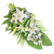 This refined funeral and sympathy arrangement is photographed against a pure white background, allowing its elongated, diagonal form to stand out clearly. The spray is fuller and more rounded at the upper left where the stems converge, then steadily narrows to a soft, tapering point at the lower right, evoking the gentle curve of a final farewell laid across a casket or memorial table. Central to the composition are striking white oriental lilies, some in full bloom with open, trumpet-like petals and pale stamens visible, others in partially open or closed buds that suggest remembrance still gently unfolding. Woven between the lilies are clusters of lisianthus, whose white petals are delicately edged with lavender and subtle purple tones, adding a quiet whisper of colour that recalls evening skies over Mill Hill's gardens and open spaces. Many lisianthus buds remain tightly closed, contributing height and a layered texture that gives the spray depth. Surrounding the flowers is an abundance of deep green foliage: broad, dark leaves form a stable base, and slim, palm-like fronds extend outward, especially on the right-hand side, creating a sense of flow and release. Some leaves are expertly rolled and folded into sculptural forms, revealing the skill and care of the florist crafting this tribute for local services and family gatherings. The overall impression is one of calm, dignified beauty, suitable for funerals, cremations, or memorials in and around Mill Hill. The harmonious combination of white blooms and rich greenery conveys purity, peace, and lasting love, making this spray a thoughtful and comforting expression of sympathy to accompany a loved one on their final journey.