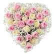 A beautiful heart-shaped bouquet, expertly assembled by Mill Hill's trusted florists, features just over thirty roses in soft, pastel pink and creamy off-white tones. Each bloom, from buds to full blossoms, is meticulously placed to create a densely woven heart, with silken petals that shimmer gently against a pure white background. Wispy baby's breath nestles between the roses, their dainty white flowers lending an airy, cloudlike softness reminiscent of peaceful afternoons in Daws Lane Park. The contrast of blush and cream offers a serene, inviting feel, perfect for anniversaries, condolences, or expressions of deep affection within the Mill Hill community. The arrangement is presented in a way that evokes both elegance and comfort, each detail reflective of skilled local floristry and a thoughtful touch. This heartfelt design captures the emotions of love, gratitude, and remembrance, serving as a timeless tribute for any special occasion or farewell, connecting generations and friends across Mill Hill with every bloom.