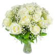 A hand-tied bouquet of pristine white roses arranged with airy sprigs of gypsophila rests in a simple clear glass vase, the composition evoking calm and quiet dignity. Each rose opens fully in layered spirals, petals curling gently outward with a creamy, almost warm white that catches the soft light, making the edges appear to shimmer. Beneath the luminous blooms, cloud-like clusters of baby's breath thread through the bouquet, their tiny ivory flowers adding texture and a twinkling, starlight effect. Glossy forest-green foliage peeks from below, giving the arrangement a grounded vertical rhythm as the long, sturdy stems gleam where they meet the water in the vase. The overall balance is intentional and refined, with every flower positioned to create an even, serene silhouette that reads as both timeless and contemporary.

As a Mill Hill florist I picture this arrangement on a mantel in a home near Mill Hill Broadway or gracing a reception table in a village café on The Ridgeway; its mood suits weddings, anniversaries, quiet remembrance, or a thoughtful new-home gift. The scent is subtle and classic-soft rose notes mingling with fresh, green undertones that call to mind early mornings at Mill Hill Park. Crafted with care and attention to proportion, this bouquet communicates tenderness without excess. For local customers it's perfectly suited to convey devotion, offer condolence, or celebrate new beginnings, and it is arranged with stems left visible in the clear vase to emphasize natural beauty and life. Delivered locally across Mill Hill and nearby Edgware, it reads as a gesture of gentle support and refined simplicity.