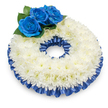 Seen from a slightly elevated perspective against a clean white backdrop, this circular sympathy wreath reads as a study in calm dignity: a dense, slightly domed ring of pristine white chrysanthemums whose feathery petals overlap like soft snow, catching a cool, diffused light and casting a faint, comforting shadow beneath. At the wreath's upper left, three deep sapphire-blue roses form a small, solemn cluster; their velvety, tightly spiralled petals sit in quiet contrast to the airy chrysanthemum heads, while rounded, glossy dark-green leaves cradle the blooms and lend a natural frame. A pleated satin ribbon in the same rich cobalt blue traces both the outer and inner rims of the wreath, its gentle ruffles reflecting highlights and lending a refined edge that unifies the palette. The composition has the restrained choreography of a memorial piece-textural, tactile, and composed to read clearly from a distance as well as close up-so that the white speaks of remembrance and purity, while the blue offers calm and quiet solace. As a florist who often prepares tributes for services in and around Mill Hill Village and Mill Hill Broadway, I note the understated craftsmanship: the chrysanthemums are packed with careful density to give structure without rigidity, the roses are positioned to suggest a tender focus rather than dominance, and the satin trim adds a final respectful flourish. If placed on a stand at a local chapel or brought to a graveside near The Ridgeway or Moat Mount Open Space, the wreath would present a balanced, comforting presence-visually clear, softly scented with the subtle sweetness of chrysanthemum, and composed to honour memory with both tradition and personal warmth.