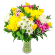 A bright, rounded bouquet of mixed flowers stands proudly in a clear glass vase against a spotless white background, its colours glowing like a patch of sunlight over Mill Hill's leafy streets. At the centre, large yellow roses with neatly furled petals sit alongside plump, spherical yellow chrysanthemums, whose many soft, ruffled petals give a velvety, tactile effect. Scattered throughout are white daisy-style flowers with lime-green centres, bringing in a fresh, meadow-like charm that recalls casual walks near Mill Hill Park. Fluffy white chrysanthemums echo this softness, filling out the arrangement and creating a cloudlike outline that feels comforting and generous. Interspersed among these are rich magenta and fuchsia chrysanthemums, which deliver bright, joyful accents, while a few smaller, pastel pink blooms hide gently between the larger flowers, subtly deepening the colour palette without overpowering the sunny yellows. Deep green foliage, made up of smooth, glossy, oval-shaped leaves, forms a sturdy, elegant frame, lifting and separating the blossoms in the same way mature hedges and trees frame the local gardens of NW7. The vase itself is simple and slightly curved, its transparency revealing a bundle of fresh stems gathered cleanly below the waterline, emphasising natural beauty and freshness rather than ornament. The feeling this bouquet conveys is one of uncomplicated joy and optimism-ideal for marking a birthday, congratulating a friend on a new flat in Mill Hill, or sending a cheerful get-well wish that doesn't feel overly formal. Affordable yet carefully considered, it shows how classic blooms and lively colours can create a bright focal point in any everyday setting.