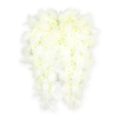 A pair of elegant angel wings, composed entirely of white flowers and edged with delicate feathers, is displayed against an all-white background that enhances its purity and calm. Each wing is sculpted with care, the inner curve drawing gently toward the centre, suggesting a protective, almost cradling gesture. The outer edges are trimmed with downy white feathers, layered and softly ruffled, echoing the lightness of bird feathers caught in a still moment above Mill Hill's quiet gardens. Inside this border, the wings are densely filled with small, round-headed white blossoms - primarily mini chrysanthemums and similar dainty blooms - set closely together to form a seamless, velvety plane of petals. Look closely and you'd notice the most subtle tints of soft green and creamy yellow at their centres, tiny details that bring depth to the otherwise monochrome design. The lighting is gentle and even, throwing only a faint shadow that helps define the wings' contours and the fullness of their floral structure. The overall impression is one of stillness, reverence, and tender care, making this arrangement perfectly suited for a funeral or memorial gathering in Mill Hill and the surrounding area. It can be imagined resting near the front of a chapel, by a coffin, or beside a memorial book, its symbolic wings suggesting safe passage and the presence of something greater watching over. For local families, this tribute offers a quiet yet powerful way to honour a loved one, expressing peace, remembrance, and enduring love through flowers.