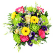 Against a spotless white background, this bouquet appears as a burst of joyful colour and motion, echoing the welcoming feel of Mill Hill's neighbourhood streets. At the centre, vivid pink roses open wide, each one displaying layers of velvety petals that curl gently inward, forming soft spirals that immediately draw the eye. Resting alongside them, creamy lisianthus buds and blossoms provide a delicate contrast, their smooth, pale petals and slender stems lending a sense of calm and understated elegance. Interspersed throughout the design, sunshine-yellow gerbera daisies lift their round faces, their bright petals fanning out from dark, velvety centres like miniature suns shining through the arrangement. At the heart, lime-green spider chrysanthemums claim attention with their unique form: fine, thread-like petals shoot outwards in every direction, creating a feathery, slightly wild texture that gives the bouquet a modern, energetic character. Woven between these larger blooms are sprays of purple lisianthus and clusters of soft blue asters, their cooler shades introducing depth and gentle shadows, much like quiet corners beneath the trees in Mill Hill's local parks. A surrounding collar of mixed foliage supports the flowers-soft, fuzzy fern fronds, smooth, glossy leaves, and a few stems of lighter or variegated greenery that add subtle variation without stealing focus. The lighting is bright and even, accenting the vivid colours and intricate petal structures while keeping shadows light and unobtrusive. The overall impression is of a bouquet designed to bring immediate uplift and warmth, well suited for birthdays, congratulating milestones, or delivering an everyday burst of happiness to homes and offices around Mill Hill.