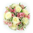 In this image, the bouquet is seen from above, perfectly framed against a pure white background that allows every bloom and leaf to stand out clearly. The overall shape is that of a full, rounded dome, densely packed yet surprisingly light in feel. Dominating the composition are approximately eight large roses, each in a shade of creamy white or pale ivory. The roses are at their peak, fully opened so that the central spiral of petals is clearly visible, unfurling outward into generous, layered whorls. Their velvety texture and subtle sheen give a sense of luxury and care, suggesting flowers freshly prepared in a Mill Hill flower shop. Nestled between and around these roses are numerous pink alstroemeria, or Peruvian lilies, bringing a soft blush of colour. Their elongated petals show delicate stripes of deeper pink and hints of peach or light red near the throat, creating a gentle, almost playful contrast to the calm ivory roses. Surrounding all the main blooms, clouds of baby's breath create a fine, lace-like background. Each tiny white blossom seems to hover on a slender stem, adding volume and airiness without overpowering the central flowers. Small, deep green leaves emerge intermittently from the mass of petals, giving the eye resting points and grounding the pastel scheme with natural depth, reminiscent of the greenery that lines the paths and gardens around Mill Hill. The colour palette of ivory, pale pink, and crisp white feels romantic and soothing, making this bouquet perfectly suited for weddings, anniversaries, birthdays, or simply sending a message of affection with same-day flower delivery across Mill Hill and surrounding North London neighbourhoods.