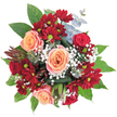 This elegant yet vibrant bouquet offers a captivating play of textures and colours-a floral portrait that mirrors Mill Hill's blend of tradition and tranquillity. Central to the design, the peach-hued roses unfurl with gentle spirals, their velvety petals glowing softly like a summer morning in the gardens of Mill Hill. They are carefully juxtaposed with deep burgundy clusters of chrysanthemum-like blooms, each dotted with a lively green-yellow centre that adds a sparkling accent. Interspersed throughout, dreamy sprays of fine white baby's breath lighten the palette, lending a breezy, cloud-like presence that recalls the open skies above local parks. The bouquet is luxuriously framed by rich, glossy green leaves, and on the right, silvery blue-green eucalyptus peek through, delivering cool tones and subtle fragrance-a quiet nod to the natural serenity of the neighbourhood. A unique, spiky element in reddish-brown-possibly a protea bud-offers striking architectural contrast, infusing the bouquet with a bold, tasteful edge. From its full, rounded shape to its harmonious colour story, this arrangement is perfect for conveying heartfelt congratulations, romance, or simply to bring a touch of Mill Hill's unmistakable charm into one's home through a thoughtful delivery.